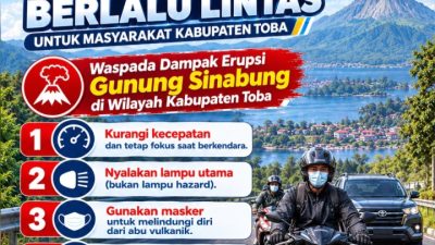 Satlantas Polres Toba Berikan Himbauan Keselamatan Berlalulintas Waspada Sebaran Abu Vulkanik Gunung Sinabung di Kabupaten Toba 